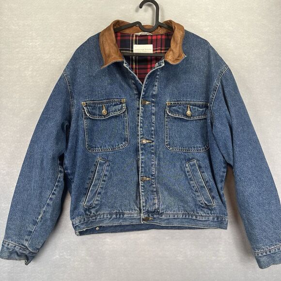 Vintage Geoffrey Beene Flannel Plaid Lined Denim Jacket Leather Collar Men's M - Picture 3 of 16